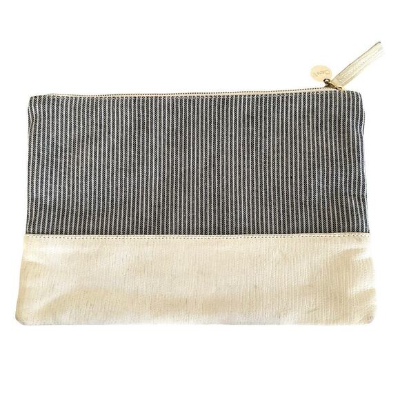 Clare V. Large Flat Black Gray Stripped Fabric & Ivory Leather Clutch - Picture 3 of 7